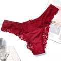 Elegant wine red lace thong for women featuring floral mesh and a satin bow detail - One Size / NK1542 Style (NK1542-酒红色) / Burgundy