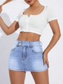 Schmal geschnittener hellblauer Jeans-Minirock mit hoher Taille und zwei Knöpfen - XS / Hellblau