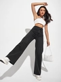 Jeans in denim grigio scuro a vita alta e gamba larga con vestibilità casual per donne - Nero Originale