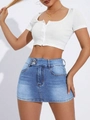 Schmal geschnittener hellblauer Denim-Minirock mit hoher Taille und Doppelknopf - XS / Blau