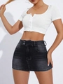 Schmal geschnittener schwarzer Jeans-Minirock mit hoher Taille und doppeltem Knopfverschluss - XS / Schwarz