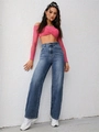 Completo donna con jeans a gamba larga a vita alta e top corto in rete rosa senza spalline - Blu Scuro Vintage