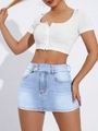 Schmal geschnittener, hellblauer Jeans-Minirock mit hoher Taille und doppeltem Knopfverschluss - XS / Blau Weiß