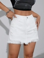 White high-waisted denim mini skirt with distressed ripped details and fringed hem - EU 27 / White