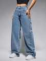 Women's high-waisted wide-leg denim jeans in light blue wash with casual street style - XS / Light Medium Blue