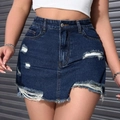 Distressed dark blue denim skort with raw hem and high waist for street style fashion - EU 26 / Dark Blue