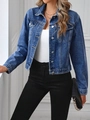 Women's slim fit short denim jacket in washed blue with classic lapel and metal buttons - Cyan Blue