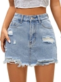 Light blue distressed denim mini skirt with frayed edges and ripped details for women - EU 27 / Medium Blue