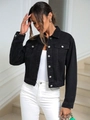 Giacca di jeans nera corta e slim da donna con bottoni in metallo e taschini sul petto - S / Nero