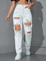 Women's white high-waisted wide-leg denim jeans with large distressed ripped holes - XXS / White