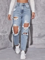 Light blue high waist distressed jeans with large ripped holes and frayed denim details - XXS / Retro Light Blue