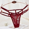 Red lace thong with hollow straps, silver rhinestones and delicate bow detail - One Size / NK1348 Style (NK1348-酒红) / Burgundy
