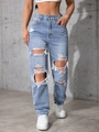 High-waisted light blue wide-leg jeans featuring large distressed knee rips and fringe detail - XXS / Light Medium Blue