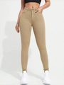 Pantaloni in denim kaki a vita alta da donna con tessuto elasticizzato e tasche - XS / Cachi