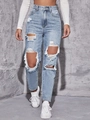 Damen-Jeans in Hellblau mit hohem Bund und modischen Rissen im Destroyed-Look - XL / Retro Hellblau