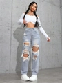 Jean droit taille haute bleu clair pour femme avec détails déchirés et franges tendance - Bleu Moyen
