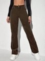 Pantalon évasé en velours côtelé marron foncé à taille haute pour femme avec bouton métal - XS / Marron Café