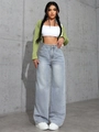 Jean denim à taille haute et jambe large bleu clair au style décontracté chic - XXS / Bleu Gris Clair