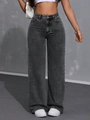 Dunkelgraue Wide-Leg-Jeans mit hoher Taille, verwaschene Optik und klassischer 5-Pocket-Stil - XS / Hellgrau