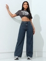 Jean taille haute à jambes larges en denim bleu foncé avec coupe évasée pour femme - Bleu Foncé Vintage