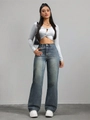 Jean femme taille haute à jambes larges bleu avec haut court gris clair à manches - XS / Bleu de Prusse