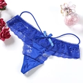 Royal blue lace thong featuring a silky bow detail and elegant sheer crochet patterns - One Size / NK5015 Style (NK5015-蓝色) / Blue