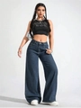 Dark blue high-waisted wide-leg denim jeans with a gothic-style cropped tank top - XS / Dark Blue