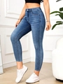 Dames skinny jeans met hoge taille in donkerblauw met smalle pijpen en wassing - XS / Licht Middenblauw