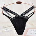 Sexy black lace thong for women with cross-strap waist and silver Goddess print - One Size / Black Letter Waistband Style(NK2006-Black)