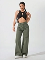 Pantalon large taille haute vert olive pour femme avec un crop top noir tendance - Vert Militaire