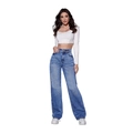 Damen Hellblaue High Waist Jeans mit weitem Bein und stilvollem weißem Langarm-Oberteil - XS / Blau