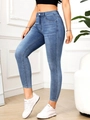 Dames skinny blauwe spijkerbroek met hoge taille en modieuze verkorte lengte stretchdenim - XS / Middenblauw & Wit