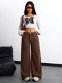 Women's white crop top with butterfly embroidery and high-waisted brown wide-leg jeans - XS / Red Brown