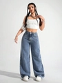 Jean bleu à taille haute et jambe large pour femme en denim délavé de qualité - Bleu Cyan