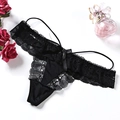 Elegant black lace G-string with silk bow detail and floral embroidery for women - One Size / NK5015 Style (NK5015-黑色) / Black
