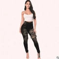 Women's high waist skinny ripped jeans in black wash denim with distressed street style - 3XL / Black