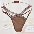 Brown sheer lace thong featuring sexy goddess letter straps and a crisscross design - One Size / Brown Letter Waistband Style(NK2006-Brown)