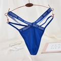 Navy blue lace thong featuring criss-cross elastic bands and GODDESS SEXY lettering - One Size / Blue Letter Waistband Style(NK2006-Blue)