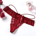 Deep red floral lace G-string thong featuring a delicate ribbon bow and side elastic straps - One Size / NK5015 Style (NK5015-酒红) / Burgundy