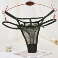 Lace thong in dark green with satin bows and rhinestone details on mesh fabric - One Size / NK1348 Style (NK1348-墨绿) / Dark Green