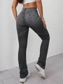 Detailaufnahme der sternförmigen Nähte auf der Rückseite der grauen Flare-Jeans - XS / Dunkelgrau