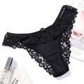 Sexy black lace thong for women with floral embroidery and small center bow detail - One Size / NK1542 Style (NK1542-黑色) / Black