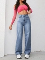 Lichtblauwe denim jeans met hoge taille, wijde pijpen, vintage wassing en losse pasvorm - XS / Stoffig Blauw