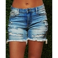 Women's high stretch denim shorts with distressed holes and frayed hem in medium blue - S / Dark Blue