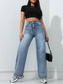 Light blue high waist wide leg denim jeans with a vintage wash and straight cut style - XS / Bottoms / Navy Blue