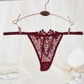 Elegant wine red lace floral thong with fine hollow embroidery and adjustable side straps - One Size / Wine Red Adjustable Embroidered Lace Style(NK2133-Wine Red)