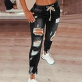 Schwarze Damen-High-Waist-Jeans mit Kordelzug am Bund und modischen Rissen im Stoff - S / Schwarz