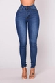 Gros plan détaillé du jean skinny taille haute bleu foncé avec délavage et coupe moulante - S / Bleu foncé