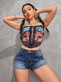Short en jean bleu vintage moulant pour femme avec un débardeur corset noir à motif - Bleu Foncé Vintage