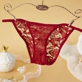 Sexy wine red lace thong for women with intricate mandala patterns and metal ring hardware - One Size / Wine Red Adjustable Lace Strap Style(NK2009-Wine Red)